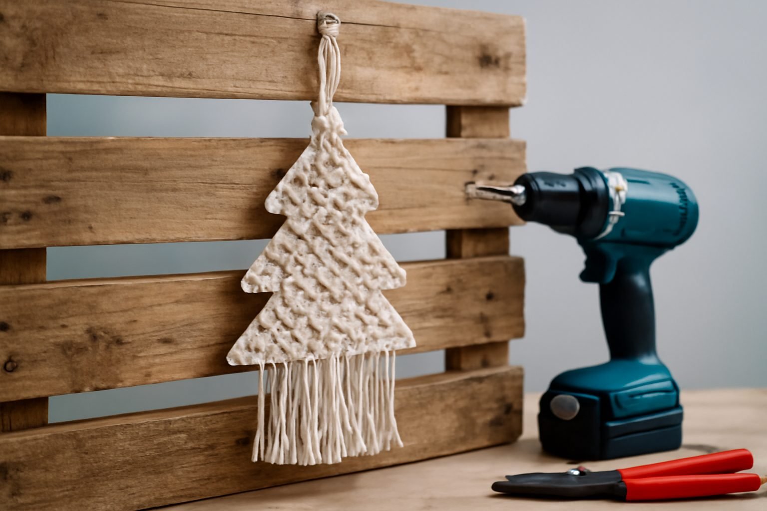 Makramee Weihnachtsdeko aus Paletten — der Weg zum Ergebnis